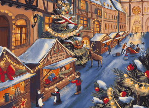 Illustration d'un conte de Paco : un petit garçon et un pingouin devant un stand sur lequel est écrit "souvenirs d'Alsace" 