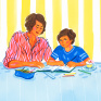 Illustration : une mère aidant son enfant à faire ses devoirs 